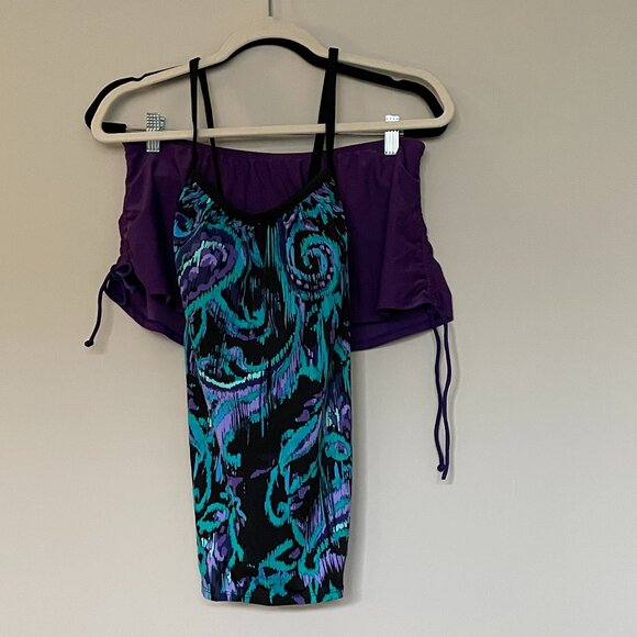 2 Piece Tankini Swim suit with Swim Skirt Purple Green Black Size M - Picture 1 of 8